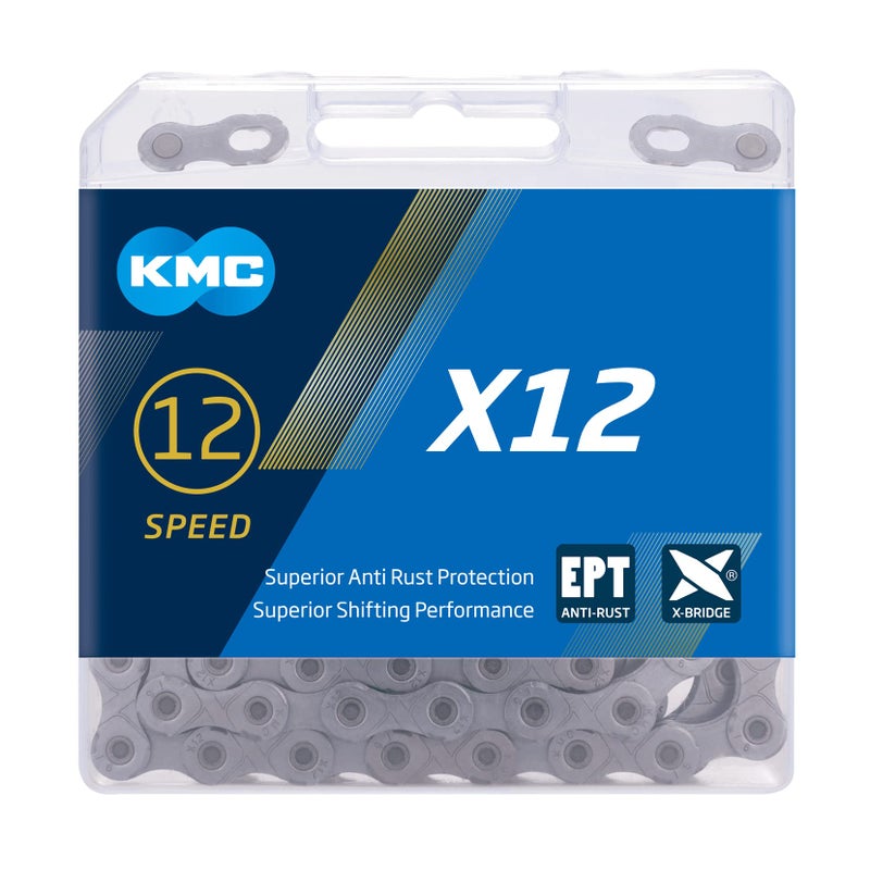 KMC سلسلة KMC X12 12 سرعات | دراجة جبلية/طريق/حصى | متوافقة مع شيمانو، SRAM، كامبانيولو | 126 وصلة، وصلة مفقودة مشمولة | EcoProteq - Image 1